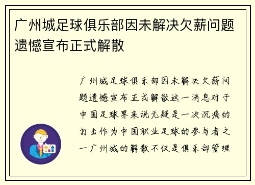 广州城足球俱乐部因未解决欠薪问题遗憾宣布正式解散